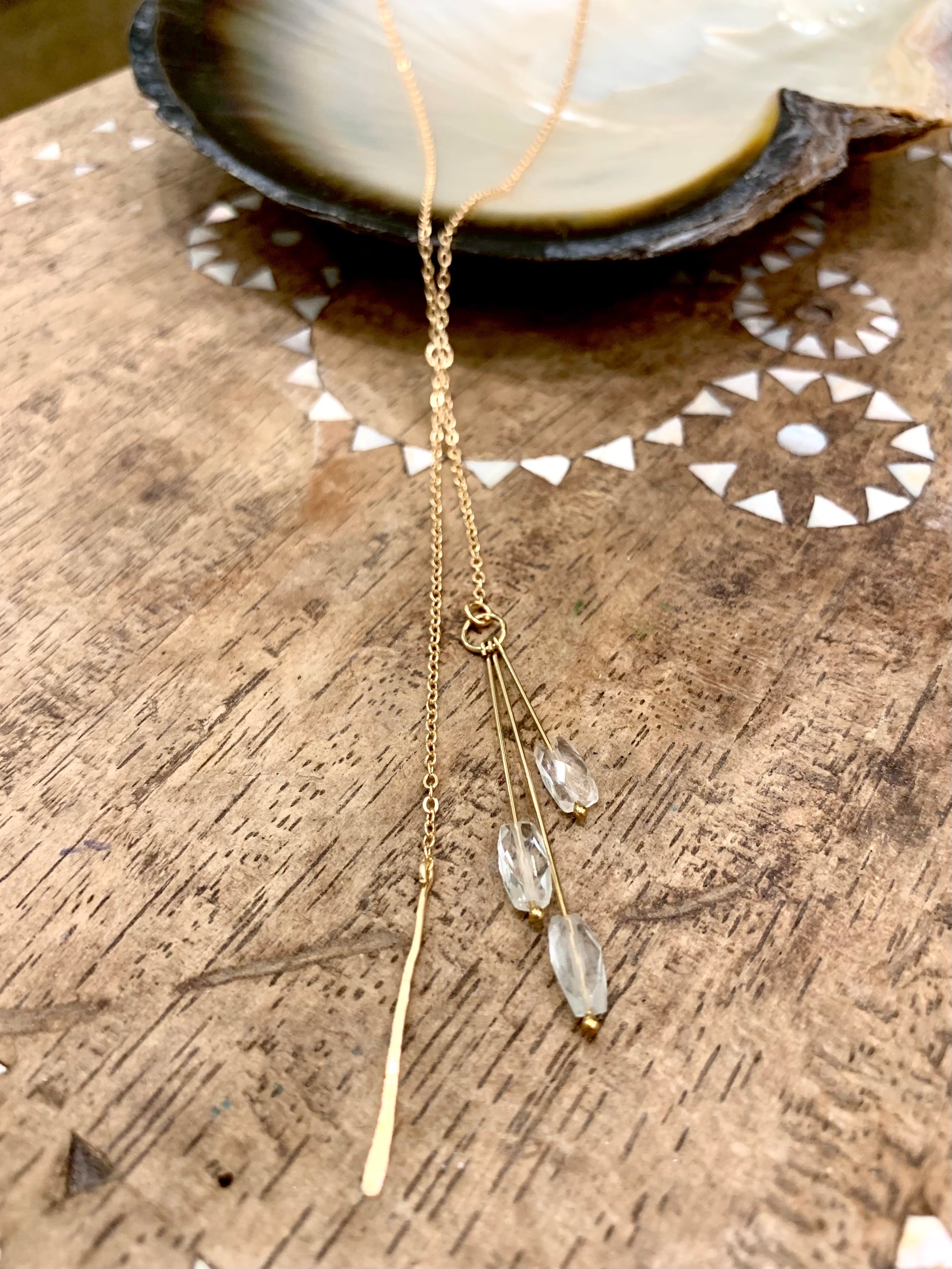 Anahita lariat necklace, aquamarine necklace, aquamarine necklace in gold