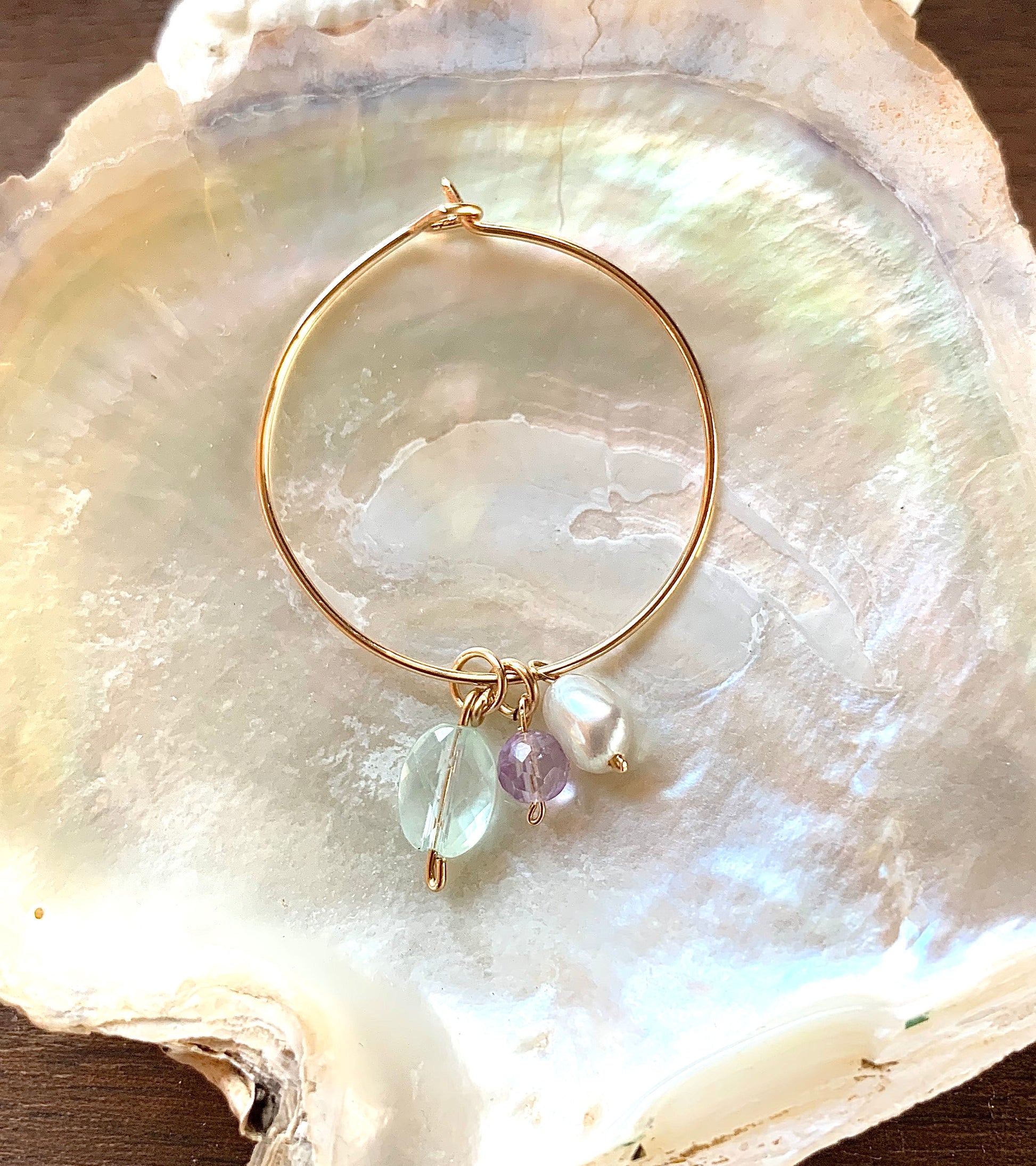 Allegra hoop earrings, aquamarine earrings, earrings in gold on shell
